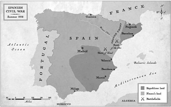 Carte montrant l'Espagne pendant la guerre civile, été 1938: ©DKB Creative Ltd