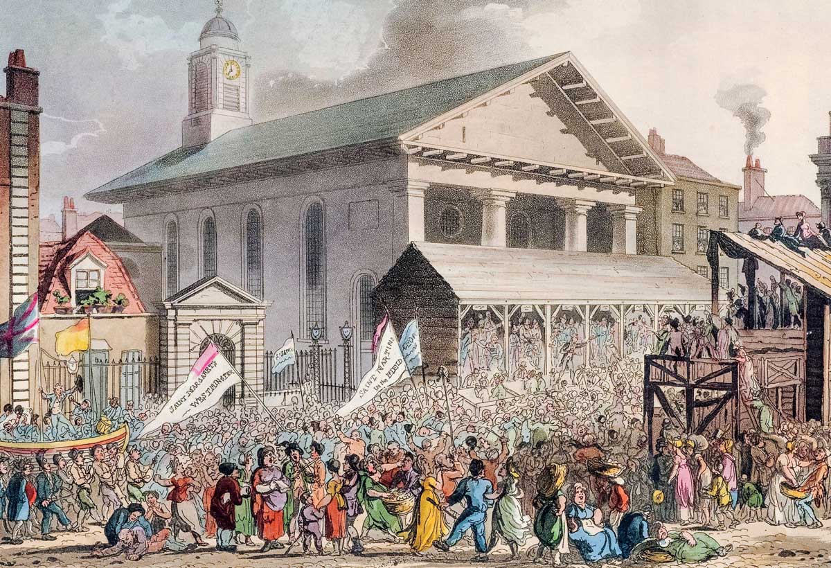 Covent Garden Market lors de l'élection de Westminster, par Thomas Rowlandson et Augustus Charles Pugin, vers 1810.