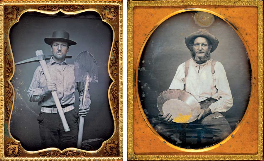 À gauche : un chercheur d'or californien avec sa pioche et sa pelle.  Ci-dessous : un canal d'eau et des géomètres dans le comté d'El Dorado, en Californie.  Tous 1850-55.  À droite : portrait d'un mineur californien avec pan d'or, vers 1852. 