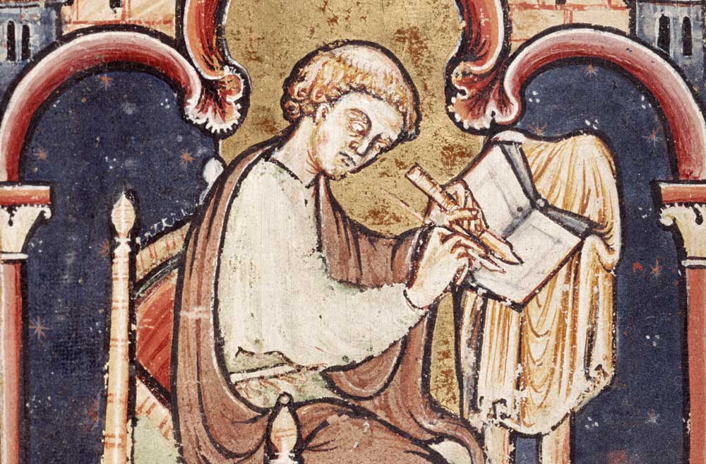 un scribe (probablement Bede) écrivant, extrait de Life and Miracles of Saint Cuthbert by Bede, 12ème siècle.